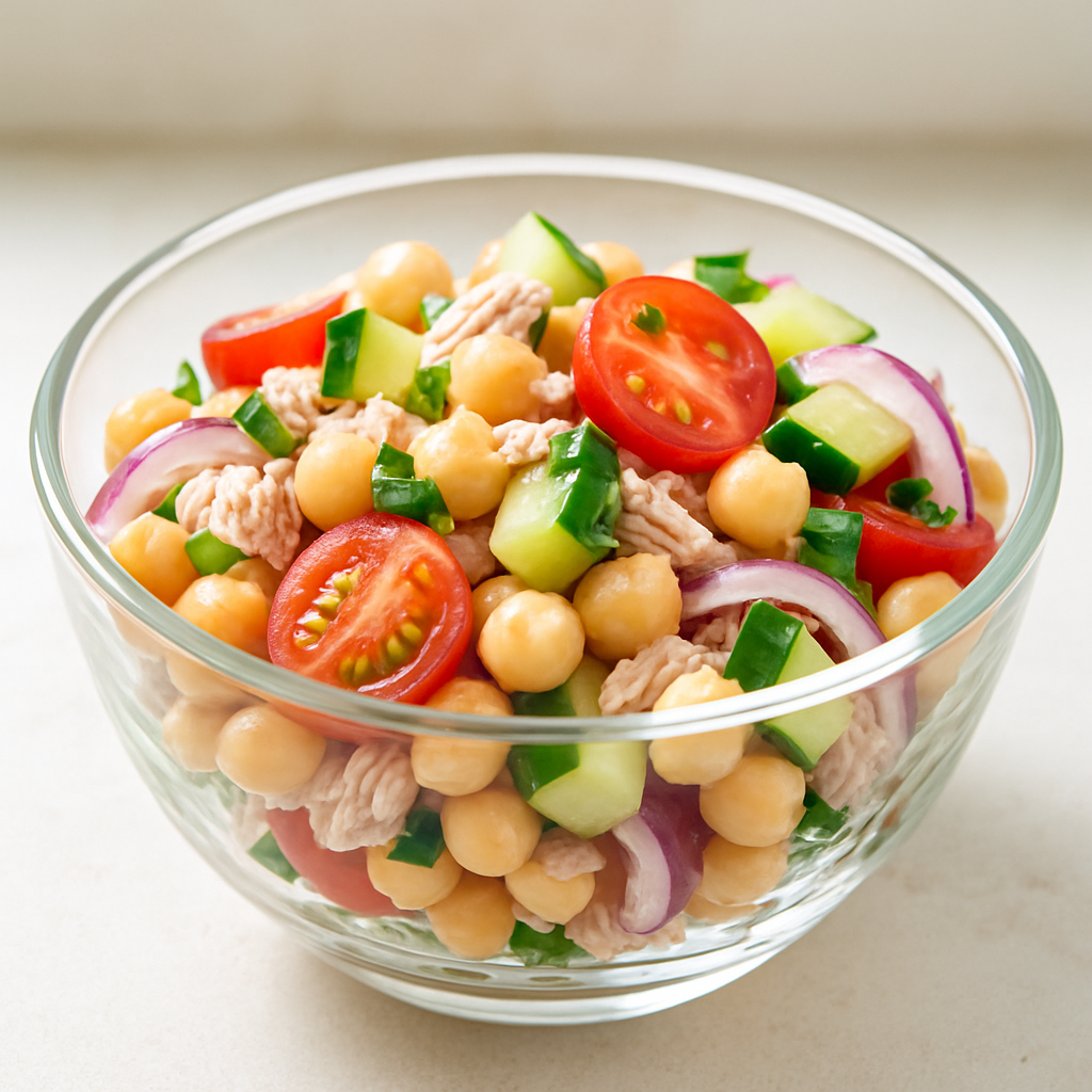 Salada de Grão-de-Bico com Atum e Legumes: O Almoço Fit Rápido e Rico em Fibras