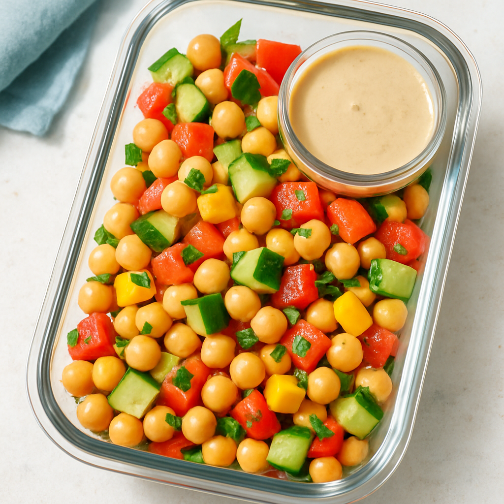 Marmita Fit Low Carb Vegana: Salada de Grão de Bico com Legumes e Molho de Tahine