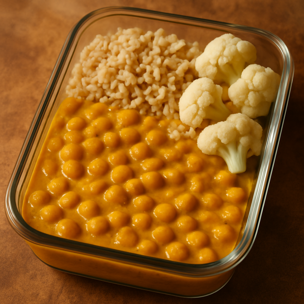 Marmita Fit Vegana Detox: Curry de Grão de Bico com Arroz Integral e Couve-Flor