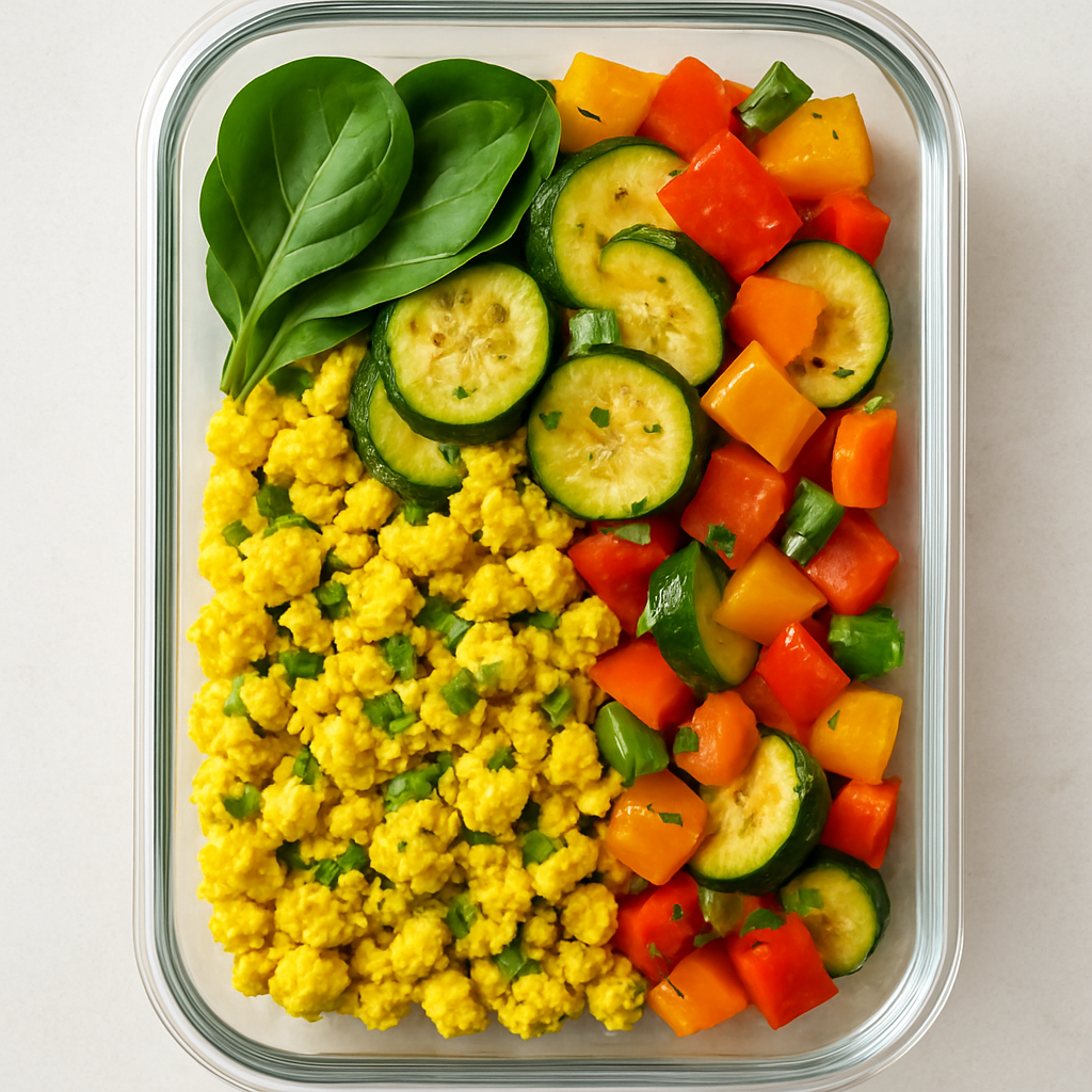 Marmita Fit Low Carb Vegetariana: Tofu Mexido com Abobrinha e Pimentões