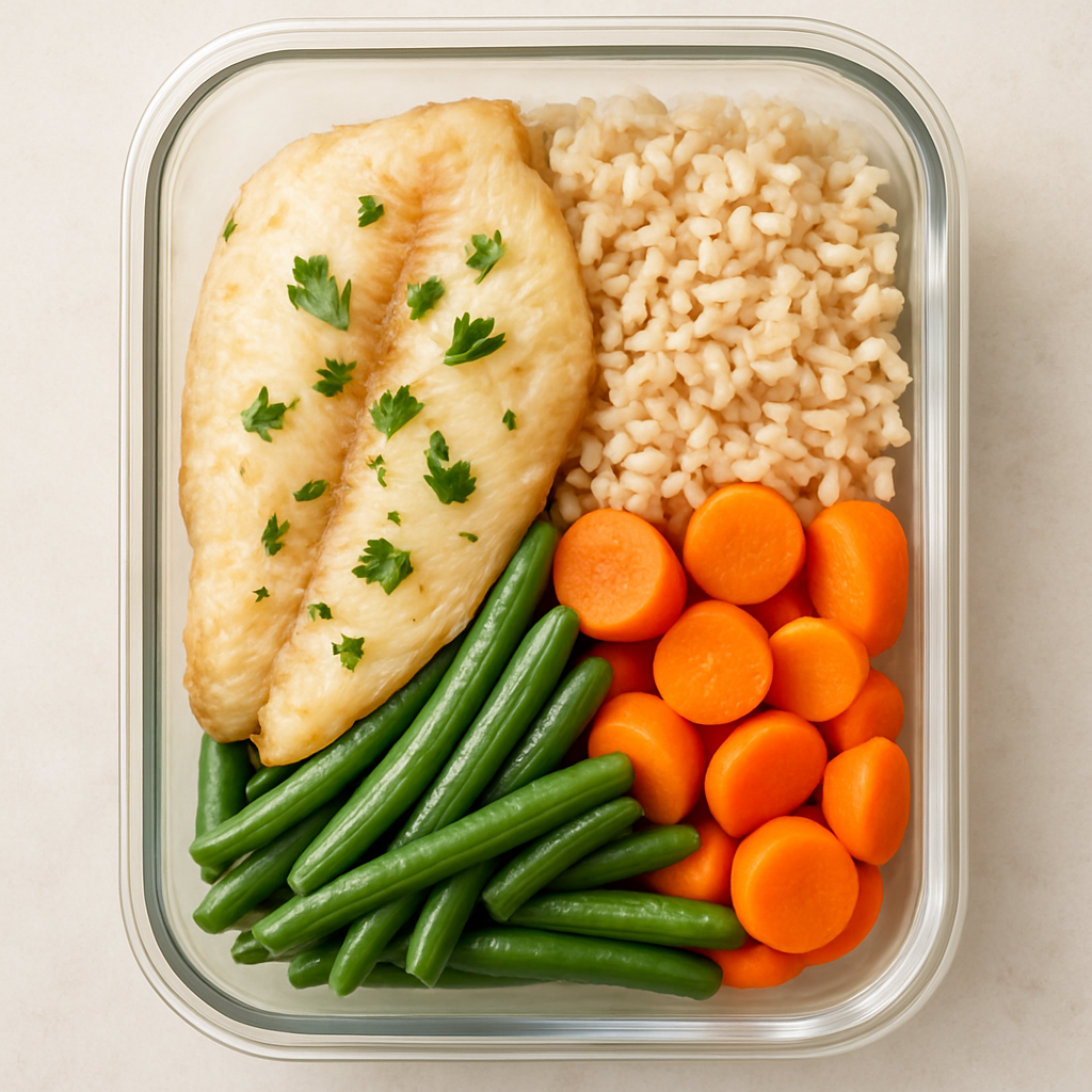 Marmita Fit Leve: Filé de Tilápia Assado com Arroz Integral e Cenoura