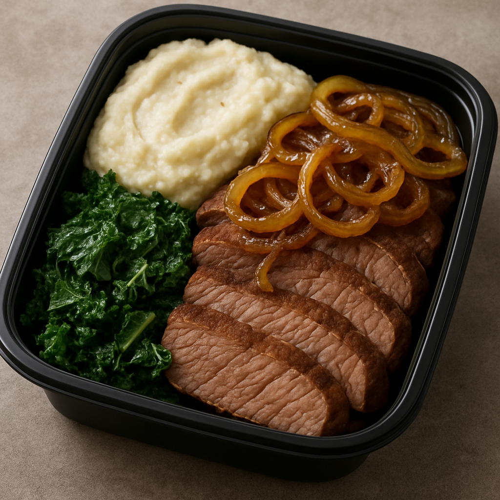 Marmita Fit Low Carb com Carne: Bife Acebolado com Purê de Couve-Flor