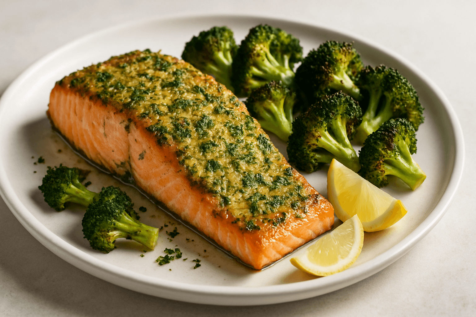 Salmão ao Forno com Crosta de Ervas e Brócolis Tostados: Nutrição e Sabor para sua Jornada com GLP-1