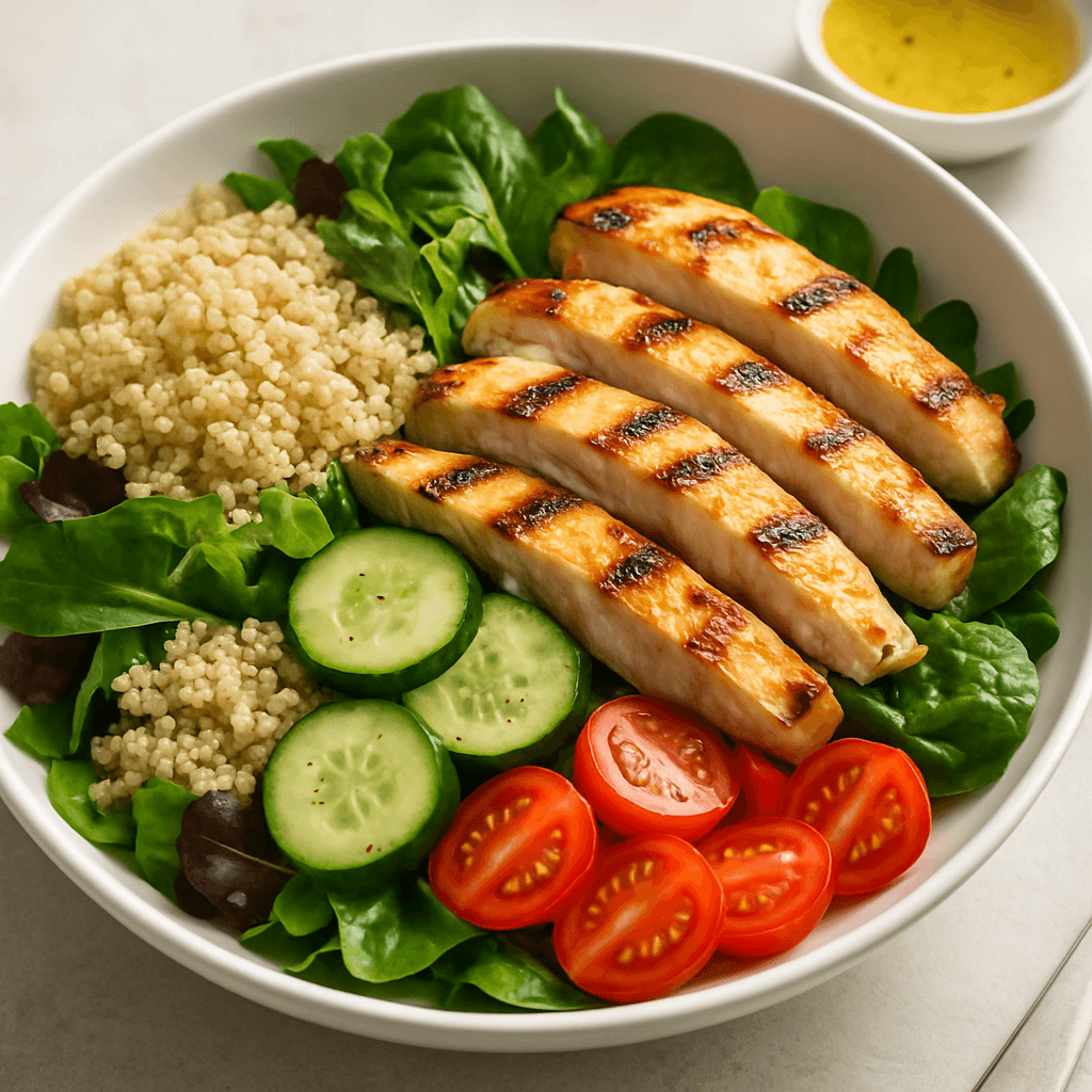 Salada Proteica de Quinoa com Frango Grelhado e Molho de Limão: O Jantar Leve para Perda de Peso
