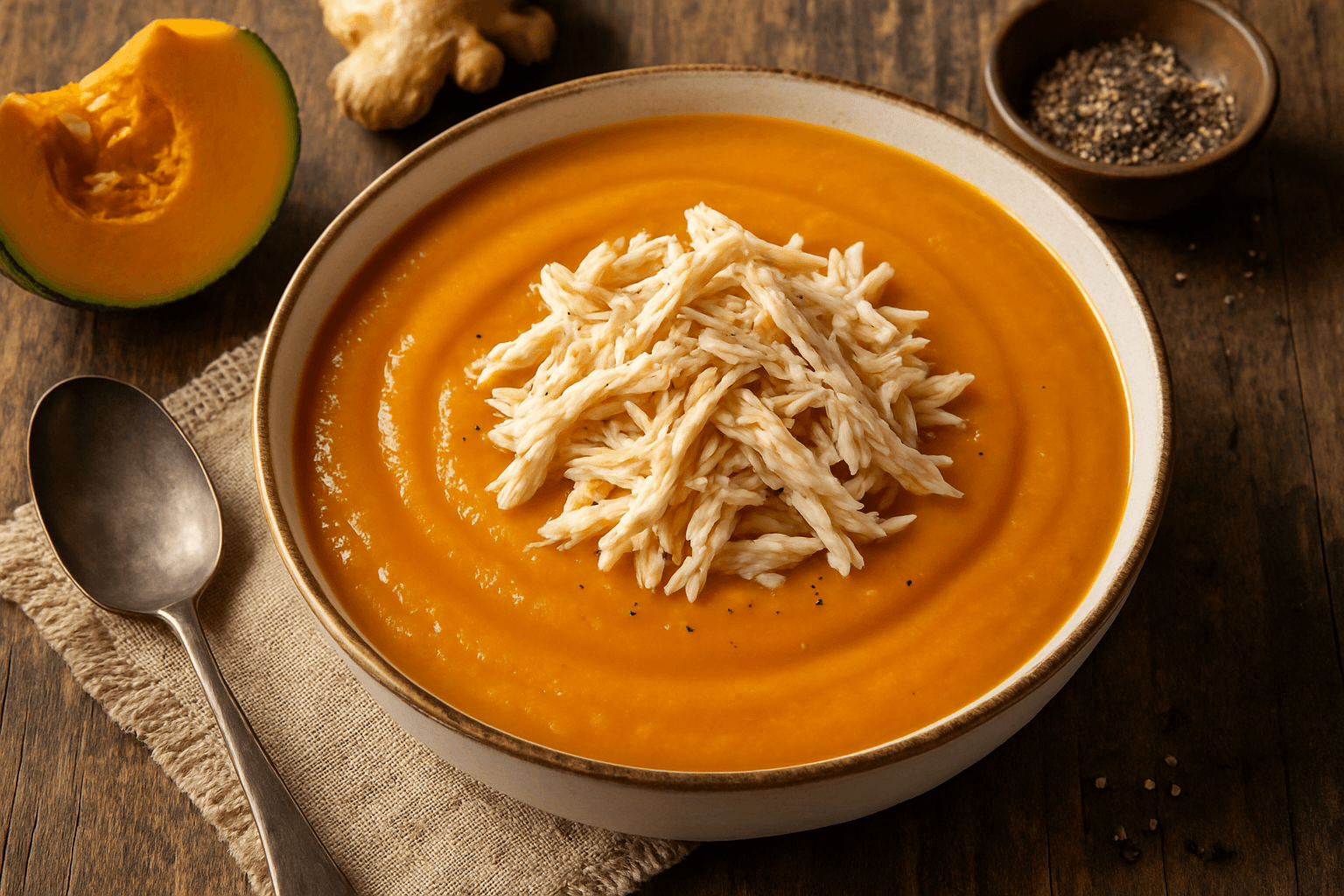 Sopa de Abóbora Cabotiá com Gengibre e Frango Desfiado: A Receita Fit Perfeita para Emagrecer